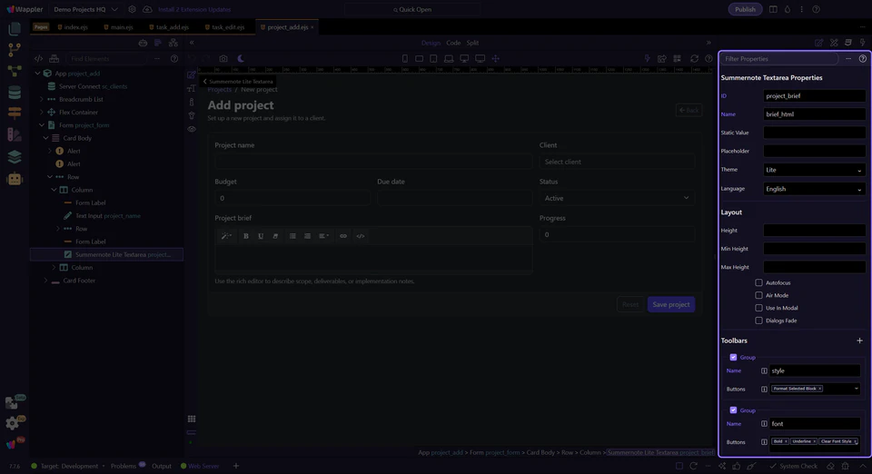 Screenshot: Properties panel frames the editor behavior