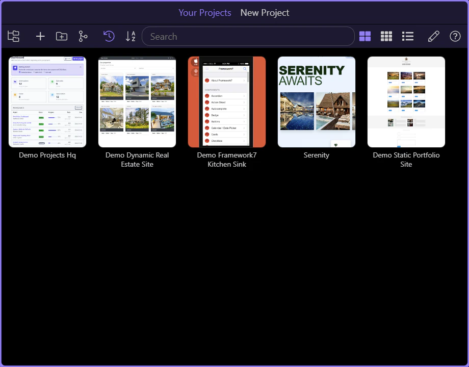 Screenshot: Use the toolbar to search and manage the project you want next