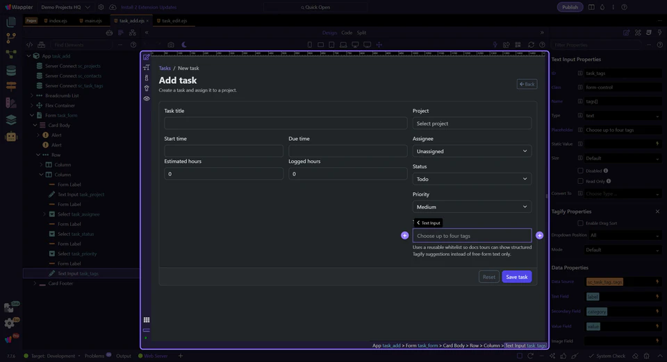 Screenshot: Tags field selected in Design View