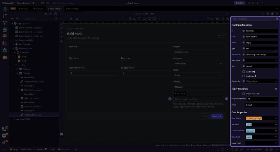Screenshot: Properties panel explains the Tagify setup