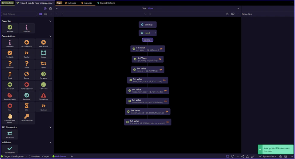 Screenshot: A practical sample action opens in the editor