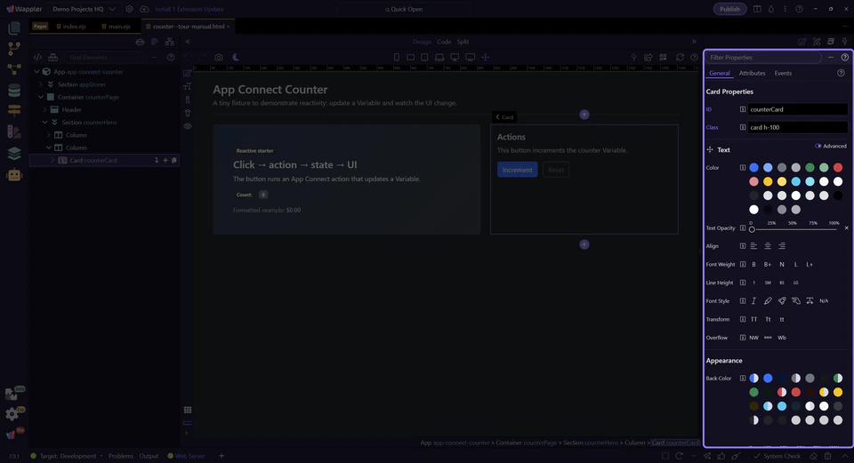 Screenshot: The Properties panel is the control surface