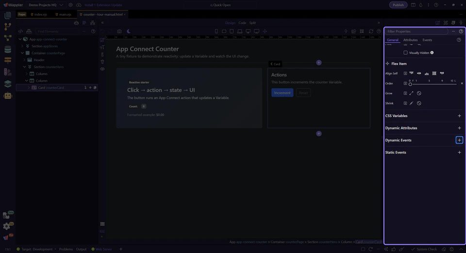 Screenshot: Keyboard events are added from the Dynamic Events menu