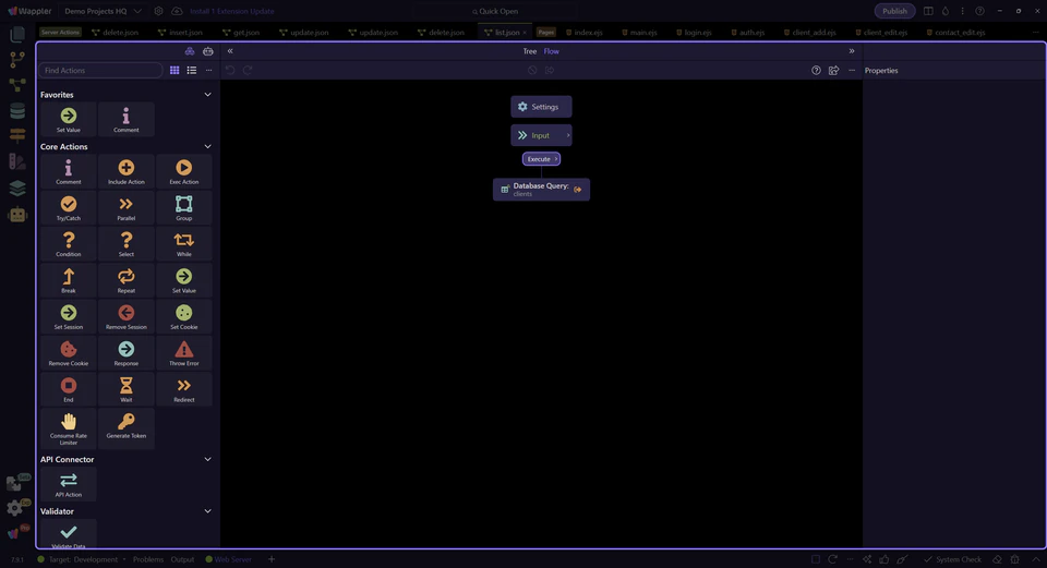 Screenshot: The Server Connect editor is the output control surface
